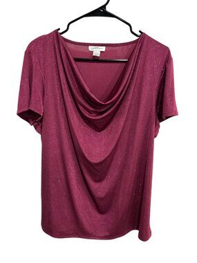 Jaclyn Smith Sparkly Burgundy Cowl Neck Short Sleeve Top Size XL MobWife Glam